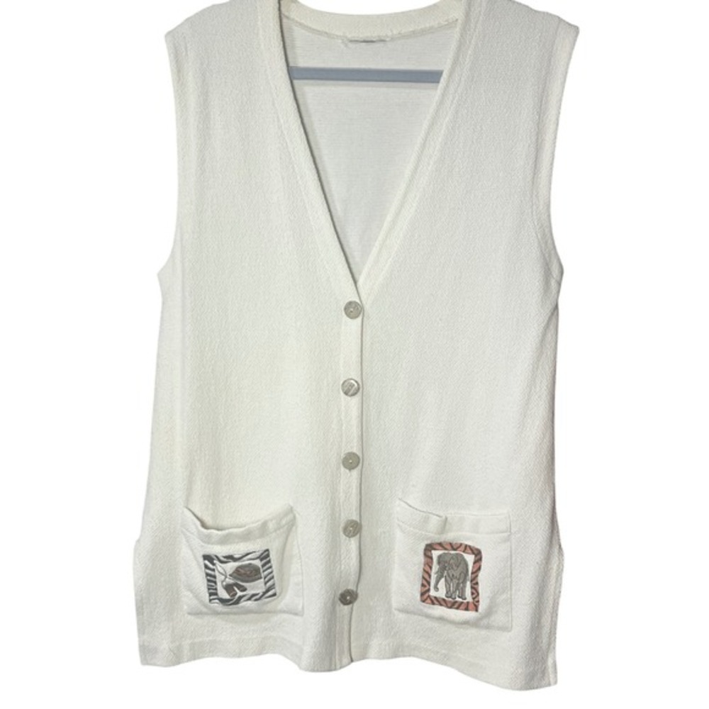 Vintage Sleeveless Knit Embroidered Vest Cream Safari Animal Pockets Womens‎